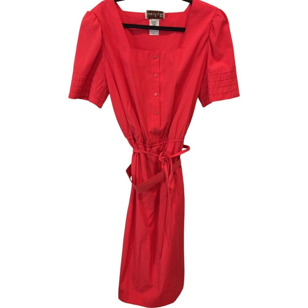 Leslie Fay Vintage Dress Button Front Tie Belt Short Sleeve Red‎ Women's Size 40